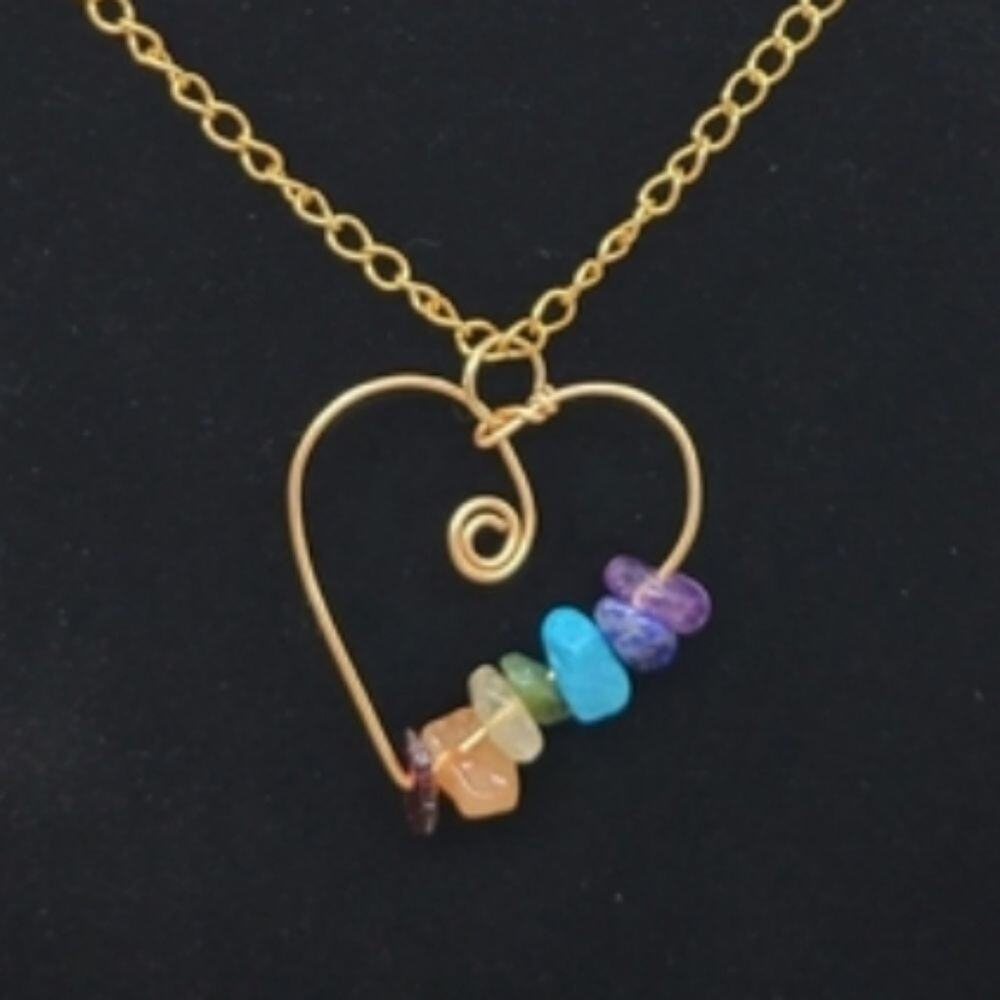 Rainbow gold wire wrapped heart necklace with crystal chip beads